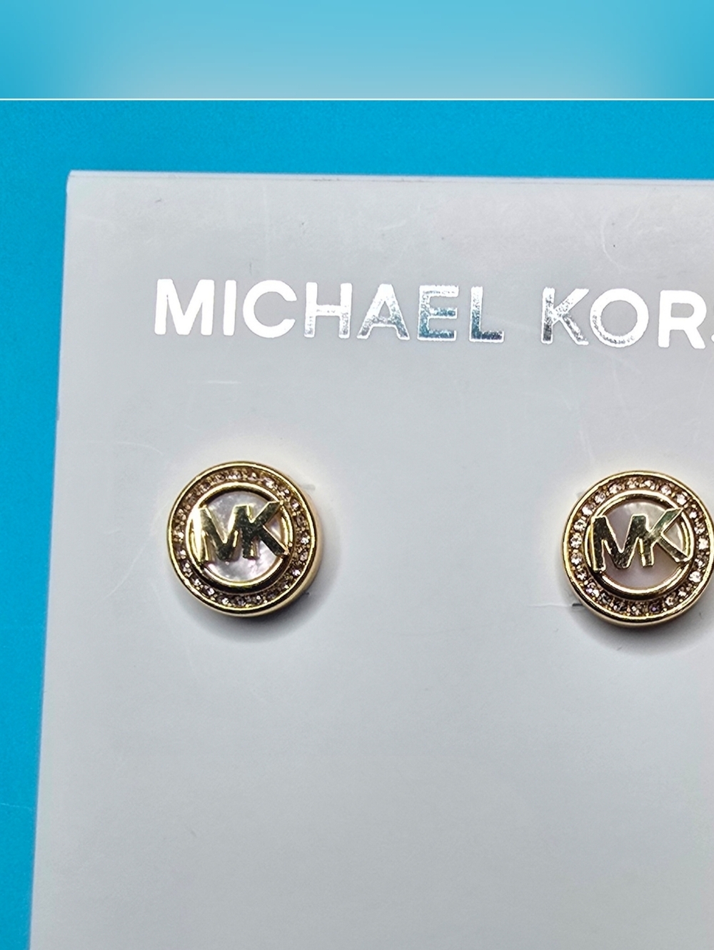 NWT Michael Kors Mother of Pearl Logo Stud Earrings Gold Tone Pave Crystal MK - Picture 5 of 7